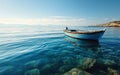Solitary blue wooden boat floating on calm ocean waters under clear skies, representing solitude, peace, and the vastness of the Royalty Free Stock Photo