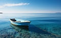 Solitary blue wooden boat floating on calm ocean waters under clear skies, representing solitude, peace, and the vastness of the
