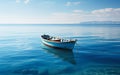 Solitary blue wooden boat floating on calm ocean waters under clear skies, representing solitude, peace, and the vastness of the Royalty Free Stock Photo