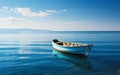 Solitary blue wooden boat floating on calm ocean waters under clear skies, representing solitude, peace, and the vastness of the