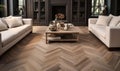 Sophisticated herringbone pattern parquet wood floor, showcasing the elegance of traditional craftsmanship in contemporary