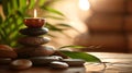 Generative AI Spa still life with stacked of stone,burning candle and bamboo leaf business concept. Royalty Free Stock Photo