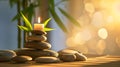 Generative AI Spa still life with stacked of stone,burning candle and bamboo leaf business concept. Royalty Free Stock Photo