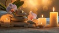 Generative AI Spa still life with spa stones,burning candles and orchid. business concept. Royalty Free Stock Photo