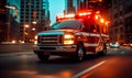 Speeding ambulance on urgent city mission, with lights flashing and siren blaring, rushes through downtown to save lives in a