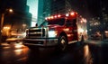 Speeding ambulance on urgent city mission, with lights flashing and siren blaring, rushes through downtown to save lives in a
