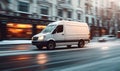 Speeding White Delivery Van in Urban Setting Captures the Fast-Paced Nature of City Logistics and E-commerce Delivery Services