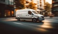 Speeding White Delivery Van in Urban Setting Captures the Fast-Paced Nature of City Logistics and E-commerce Delivery Services