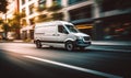 Speeding White Delivery Van in Urban Setting Captures the Fast-Paced Nature of City Logistics and E-commerce Delivery Services