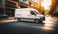 Speeding White Delivery Van in Urban Setting Captures the Fast-Paced Nature of City Logistics and E-commerce Delivery Services