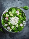 Generative AI Spinach and cottage cheese fresh green vegetable salad with radish, cucumber and yogurt, healthy die Royalty Free Stock Photo