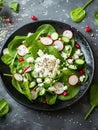 Generative AI Spinach and cottage cheese fresh green vegetable salad with radish, cucumber and yogurt, healthy die Royalty Free Stock Photo