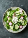 Generative AI Spinach and cottage cheese fresh green vegetable salad with radish, cucumber and yogurt, healthy die Royalty Free Stock Photo