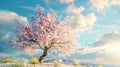 Generative AI Spring landscape with blossoming almond tree with pink flowers in nature against blue sky on bright Royalty Free Stock Photo