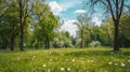 Generative AI Spring Nature scene Beautiful Landscape Park with dandelions Green Grass Trees and flowers Tranquil Royalty Free Stock Photo