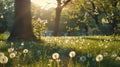 Generative AI Spring Nature scene Beautiful Landscape Park with dandelions Green Grass Trees and flowers Tranquil Royalty Free Stock Photo