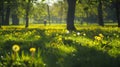 Generative AI Spring Nature scene Beautiful Landscape Park with dandelions Green Grass Trees and flowers Tranquil Royalty Free Stock Photo