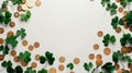 Generative AI St Patricks Day concept Creative layout with frame of fourleaf clover and gold coins on white backgr