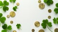 Generative AI St Patricks Day concept Creative layout with frame of fourleaf clover and gold coins on white backgr