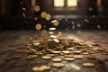 Generative ai: Stacks of gold coins on black background and concept saving money Royalty Free Stock Photo