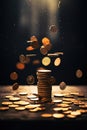 Generative ai: Stacks of gold coins on black background and concept saving money Royalty Free Stock Photo