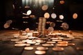 Generative ai: Stacks of gold coins on black background and concept saving money Royalty Free Stock Photo