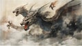 Generative AI, Stormy Skies: Epic Aerial Battle of Dragons in Watercolor