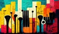 Generative AI, Street art with keys and musical instruments silhouettes. Ink colorful graffiti art on a textured paper vintage