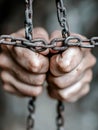 Generative AI Strong hands gripping rusty chains symbolizing captivity and resilience business concept.