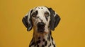 Generative AI studio headshot portrait of Dalmatian dog looking forward against a yellow background business conce