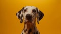 Generative AI studio headshot portrait of Dalmatian dog looking forward against a yellow background business conce