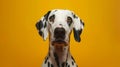 Generative AI studio headshot portrait of Dalmatian dog looking forward against a yellow background business conce