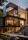 Generative AI. Stunning three storey bungalow with large glass window. Modern house architecture. Great ambiance and lightings