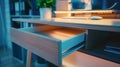 Generative AI Stylish desk with open empty drawer in office business concept. Royalty Free Stock Photo