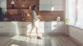 Generative AI Stylish kitchen interior of modern apartment with motion blurred female person walking inside Interi Royalty Free Stock Photo