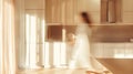 Generative AI Stylish kitchen interior of modern apartment with motion blurred female person walking inside Interi Royalty Free Stock Photo