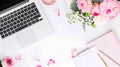 Generative AI Stylized womens desk office desk Workspace with laptop bouquet dahlias roses clipboard Womens fashio Royalty Free Stock Photo