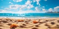 Summer Bliss: Tropical Beach Paradise with Golden Sand, Turquoise Ocean, and Sunny Blue Sky, Abstract Defocused Background Royalty Free Stock Photo