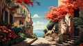 Generative AI, summer cityscape of Italy flat illustration. Beautiful view