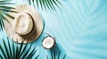 Generative AI Summer composition Tropical palm leaves hat coconut on pastel blue background Summer concept Flat la Royalty Free Stock Photo