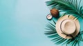 Generative AI Summer composition Tropical palm leaves hat coconut on pastel blue background Summer concept Flat la Royalty Free Stock Photo