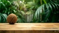 Generative AI Summer and nature product display with wood table counter on blur coconut leaf backgroundfresh green
