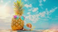 Generative AI Summer in the party  Hipster Pineapple Fashion in sunglass and listen music with sunblock and sandal Royalty Free Stock Photo