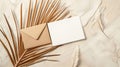 Generative AI Summer stationery still life Closeup of blank card mockup and craft envelope on dry palm leaf Grunge Royalty Free Stock Photo