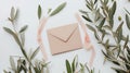 Generative AI Summer wedding stationery mockup scene Blank vertical greeting card craft paper envelope and olive b Royalty Free Stock Photo