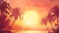 Generative AI Sunset Beach with palm trees and beautiful sky landscape Travel Tourism vacation concept background Royalty Free Stock Photo