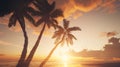 Generative AI Sunset Beach with palm trees and beautiful sky landscape Travel Tourism vacation concept background Royalty Free Stock Photo