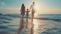 Generative AI Sunset travel and family holding hands on beach walking on holiday summer vacation and weekend Natur Royalty Free Stock Photo