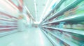 Generative AI supermarket grocery store interior aisle abstract blurred background business concept. Royalty Free Stock Photo