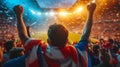 Generative AI Support. Back view of football, soccer fans cheering their team with colorful scarfs at crowded stad Royalty Free Stock Photo
